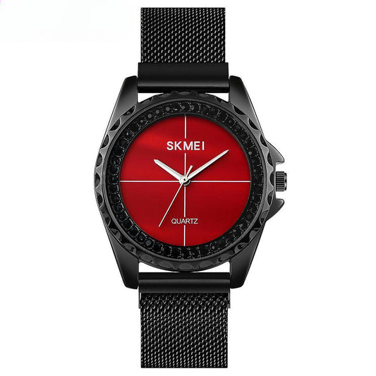 Women's Watch, Stainless Steel Mesh Band, Analog Minimalist Watch-red