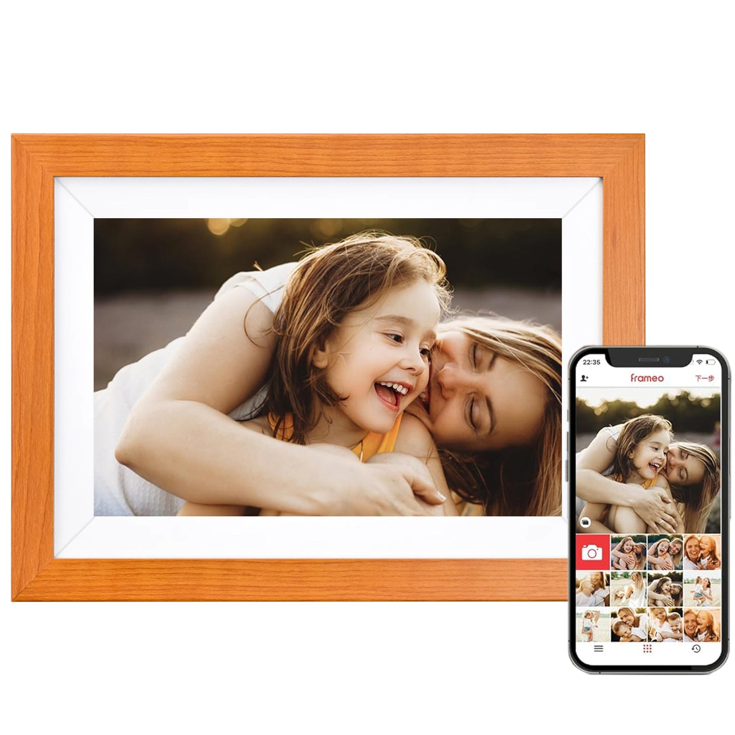 VEANXIN 10.1 inch Digital Picture Frame (32GB Storage,Wooden Frame,Frameo APP)