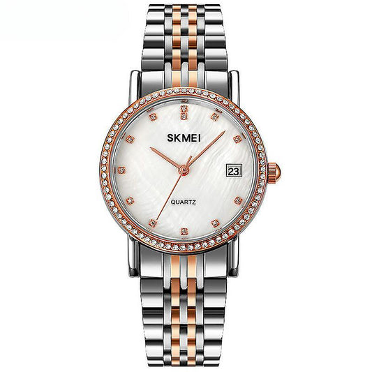 Women's Watch Elegant Diamond Analog Quartz Watch Stainless Steel Waterproof Wristwatch-Rose Gold+silvery