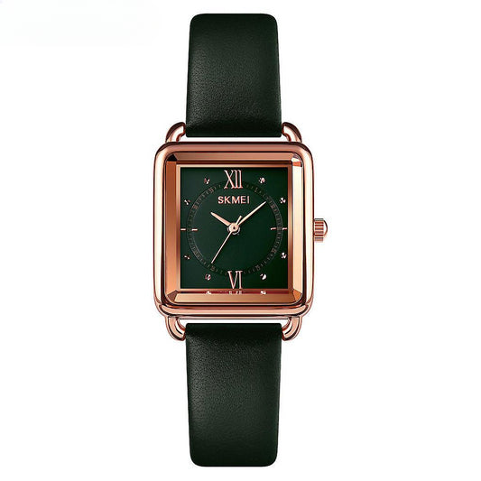 Womens Fashion Quartz Watch Waterproof Square Watch with Leather Strap-green