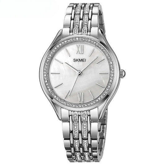 Women's Stainless Steel Luxury Diamond Watches Waterproof Quartz Analog Wrist Watches-silvery