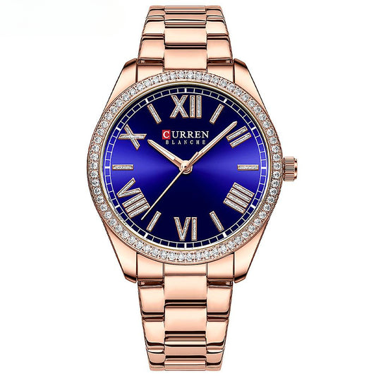 Women's Watches Fashion Women Watches Stainless Steel Band Waterproof Quartz Watch for Women-Rose shell blue