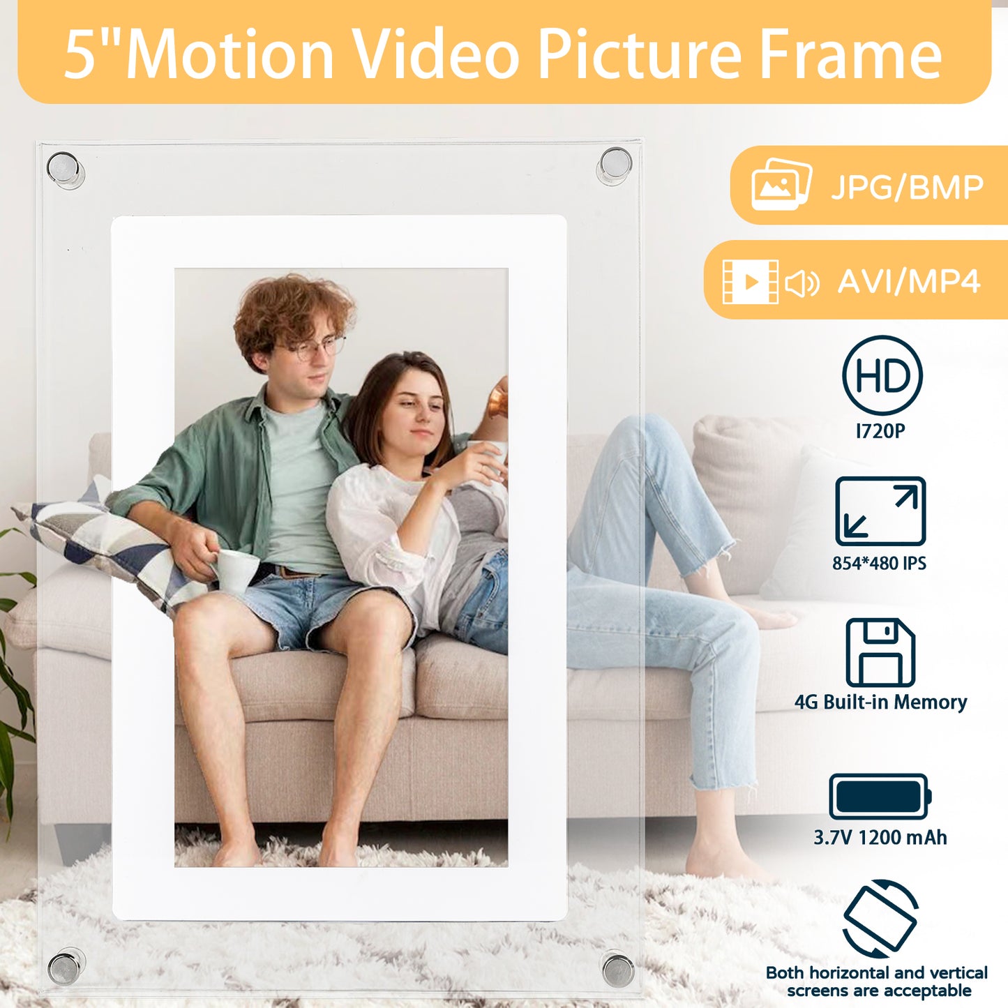 VEANXIN 5 Inch Acrylic Digital Picture Frame (Built-in 4GB memory and 1200mAh battery）